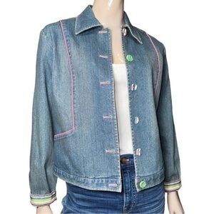 SPANNER Darling Women’s Size 8 Pink Trim Denim Stripe Buttons Jean Jacket